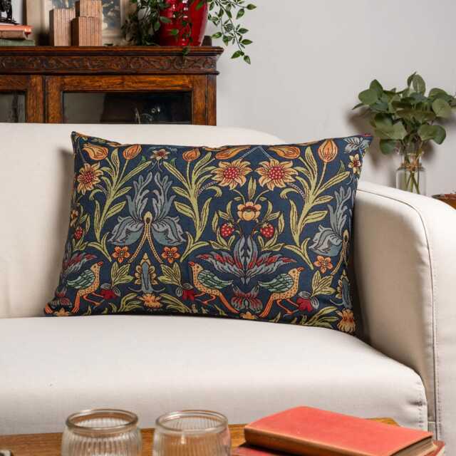 Manor Garden Tapestry Xl Rectangular Cushion. Morris Style Heavyweight Countryside Botanical Design in Indigo Blue. 23X15 - image 1