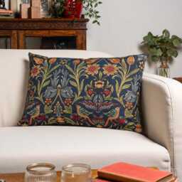 Manor Garden Tapestry Xl Rectangular Cushion. Morris Style Heavyweight Countryside Botanical Design in Indigo Blue. 23X15 - thumbnail 1