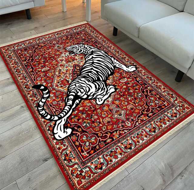 Red Oriental Rug White Tiger Chenille Carpet, Maximalist Decor - image 1