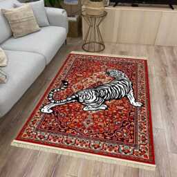 Red Oriental Rug White Tiger Chenille Carpet, Maximalist Decor - thumbnail 3