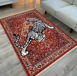 Red Oriental Rug White Tiger Chenille Carpet, Maximalist Decor