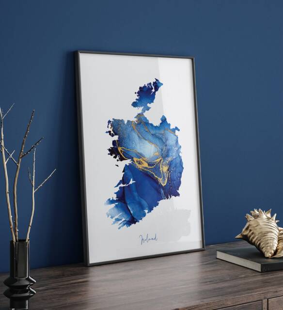 Republic Of Ireland Map Blue & Gold Wall Art Print - image 1
