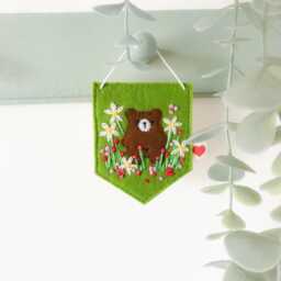 Embroidered Bear Mini Banner, Wool Felt Pennant, Nursery Decor - thumbnail 1