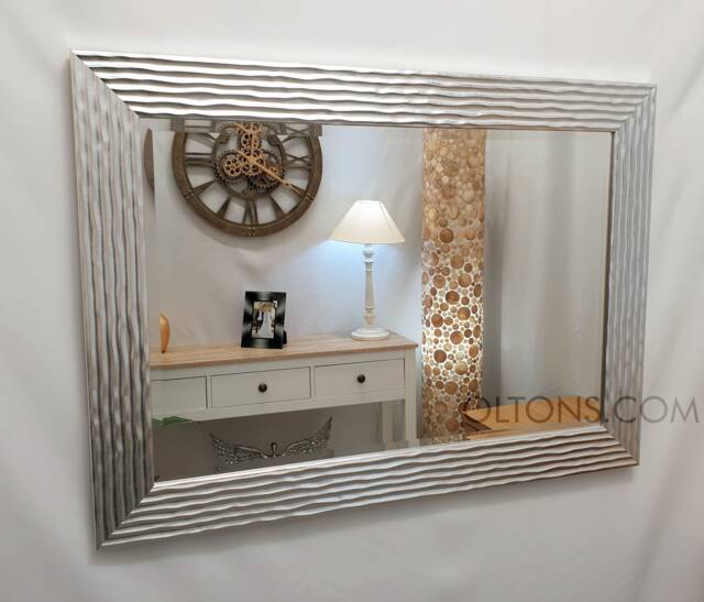 Delphine Wave Design Wall Mirror Silver Chrome Wooden Frame Bevelled Glass 69x95cm - image 1