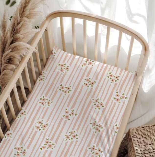 Bedding - Stripes Floral Peach, Duvet Cover Set, Fitted Sheets, Pillow Case, Modern Colourful Kids Bedding - image 1