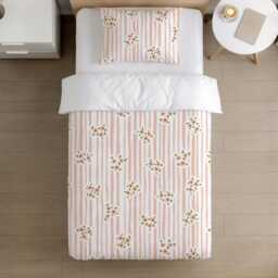 Bedding - Stripes Floral Peach, Duvet Cover Set, Fitted Sheets, Pillow Case, Modern Colourful Kids Bedding - thumbnail 2