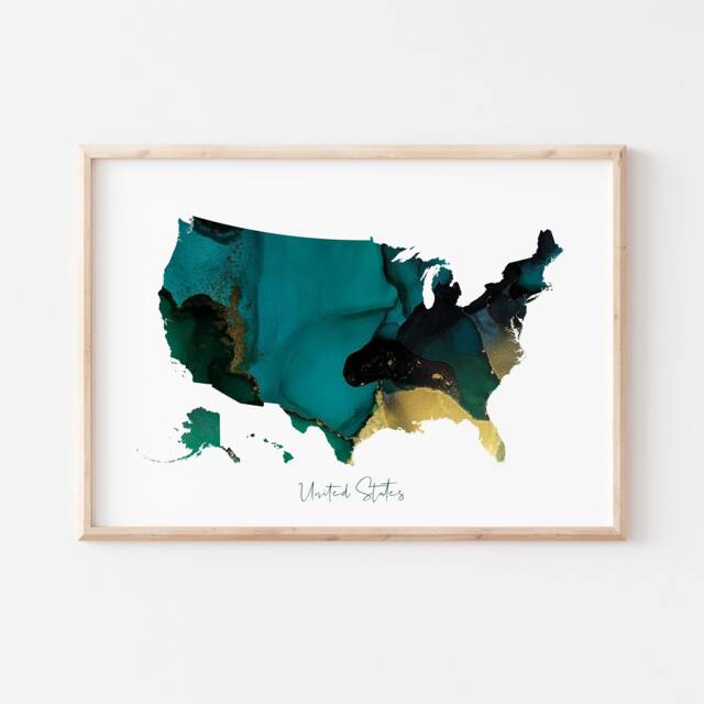 United States Map Green & Gold Wall Art Print - Usa America - image 1