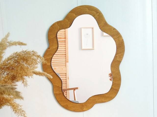 Small Asymmetrical Wall Mirror, Brown Wood Frame, Squiggle Decor - 13.8 - image 1