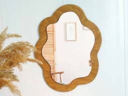 Small Asymmetrical Wall Mirror, Brown Wood Frame, Squiggle Decor - 13.8 - thumbnail 1