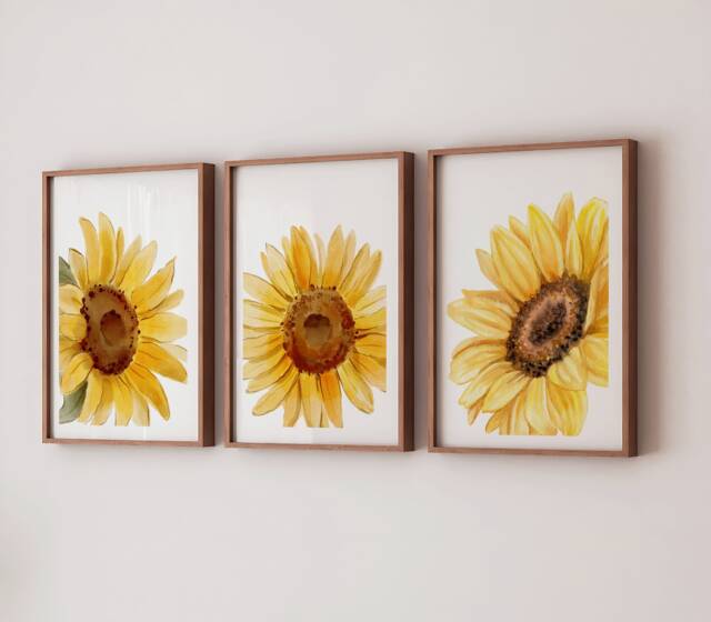 Sunflower Watercolor Prints Set Of 3, Botanical Floral Art - Digital Download - image 1