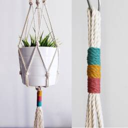 Color Block Macrame Plant Hanger Handmade Cotton Hanging Planter No Tariffs/Fees To Usa - thumbnail 2