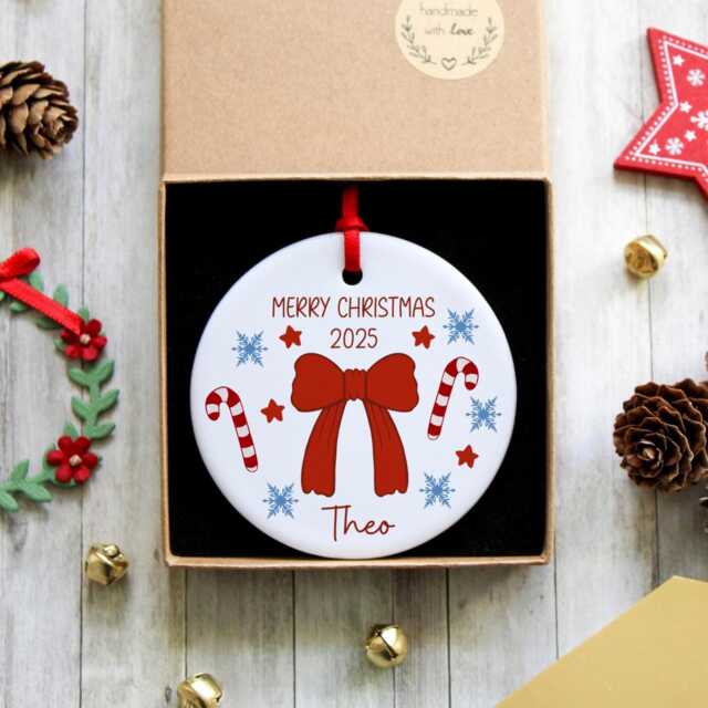Personalised Red Bow Christmas Tree Ornament - Custom Name Ceramic Decoration Elegant Holiday Keepsake Gift For Family & Friends - image 1