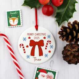 Personalised Red Bow Christmas Tree Ornament - Custom Name Ceramic Decoration Elegant Holiday Keepsake Gift For Family & Friends - thumbnail 2