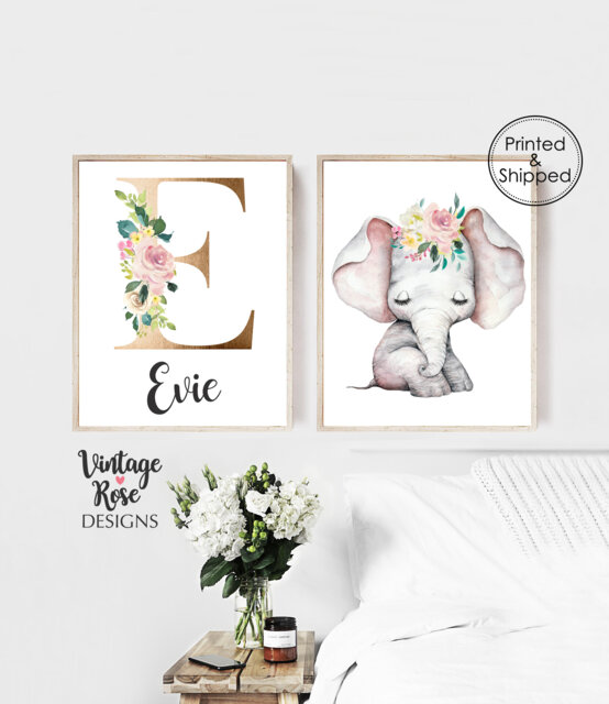 Gold Initial Personalised Print, Elephant Nursery Set Of 2 Prints, Watercolour Flowers, Animal Girls Wall Decor - image 1