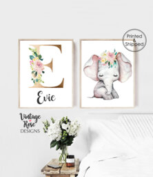 Gold Initial Personalised Print, Elephant Nursery Set Of 2 Prints, Watercolour Flowers, Animal Girls Wall Decor - thumbnail 1