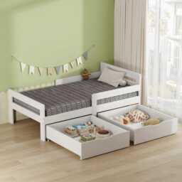 Junior Wooden Kids Bed Frame With Storage Drawers White Pine - thumbnail 2