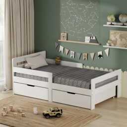 Junior Wooden Kids Bed Frame With Storage Drawers White Pine