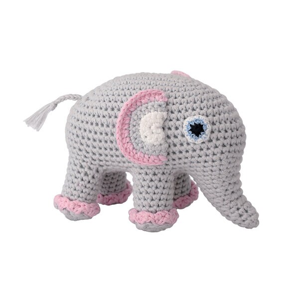 Crocheted Elephant Plush Toy With Rattle - Pink