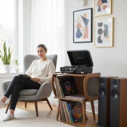 Mid-Century Modern Record Player Stand, Vinyl Storage Cabinet, Wooden Turntable Stand - thumbnail 4