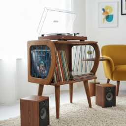 Mid-Century Modern Record Player Stand, Vinyl Storage Cabinet, Wooden Turntable Stand - thumbnail 3