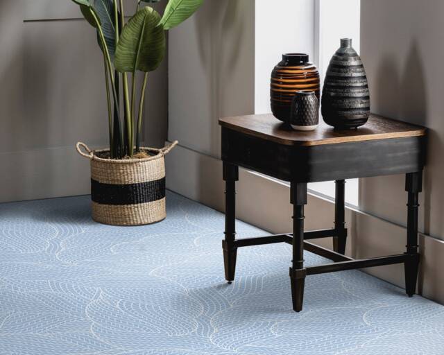 Leafy Herringbone Print Vinyl Flooring, Blue Sheet White Flooring Linoleum, 3D Linoleum in Roll, Custom - image 1