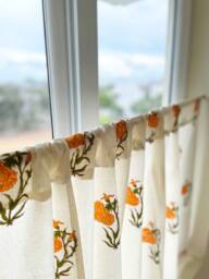 Orange Marigold Hand Block Printed Organic Cotton Cafe Curtains, Rod Pocket Valance, 2 Panels - thumbnail 1