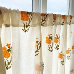 Orange Marigold Hand Block Printed Organic Cotton Cafe Curtains, Rod Pocket Valance, 2 Panels - thumbnail 2
