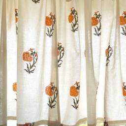 Orange Marigold Hand Block Printed Organic Cotton Cafe Curtains, Rod Pocket Valance, 2 Panels - thumbnail 3