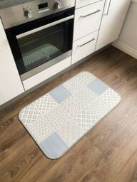 Moroccan Style Kitchen Mat, PVC Floor Small Vinyl Decorative Linoleum Rug, Grey & White Patterned Mat - Agadir - thumbnail 1