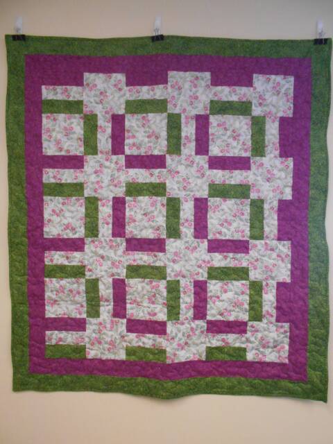 "Handmade Pink Rose Lap Quilt Purple & Green Throw - 46"" X 53" - image 1