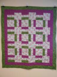 "Handmade Pink Rose Lap Quilt Purple & Green Throw - 46"" X 53" - thumbnail 1