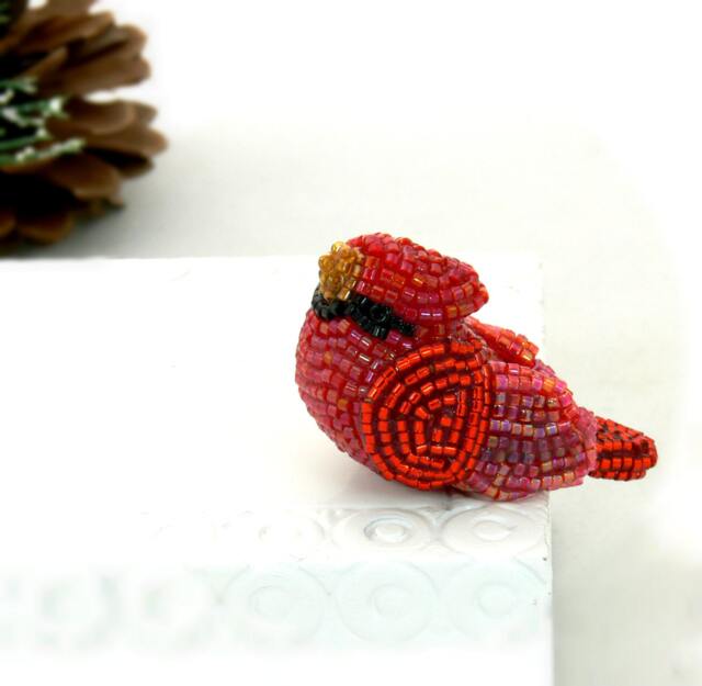 Cardinal Miniature Beaded Male Bird Figurine - image 1