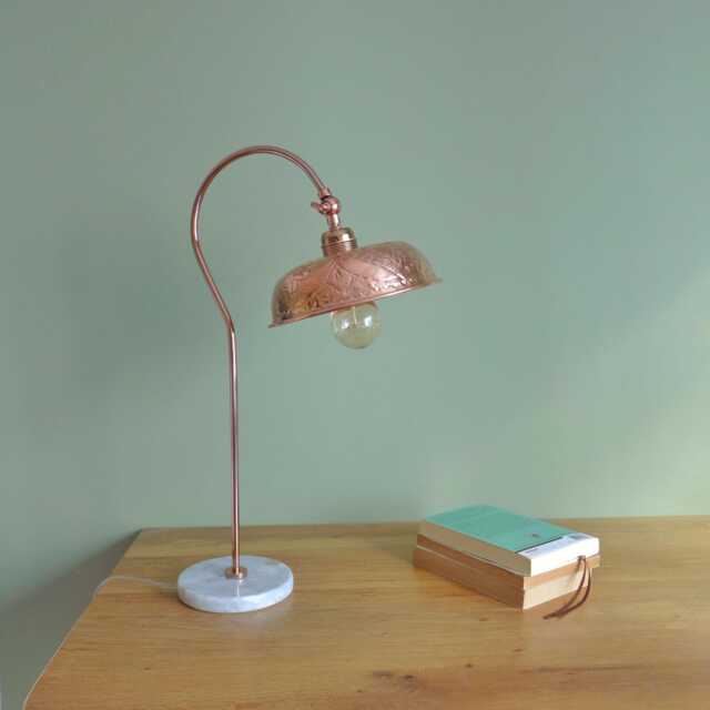 Antique Copper Table Lamp Art Deco Floral Design, Marble Base - image 1