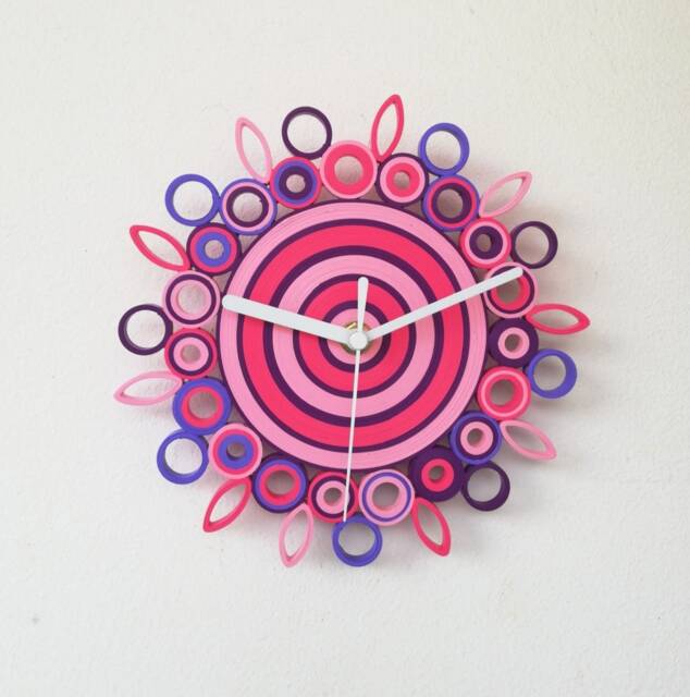 Small Wall Clock, Paper Inusual Silent Purple Pink Fuchsia Liliac Decor, Home Clock - image 1