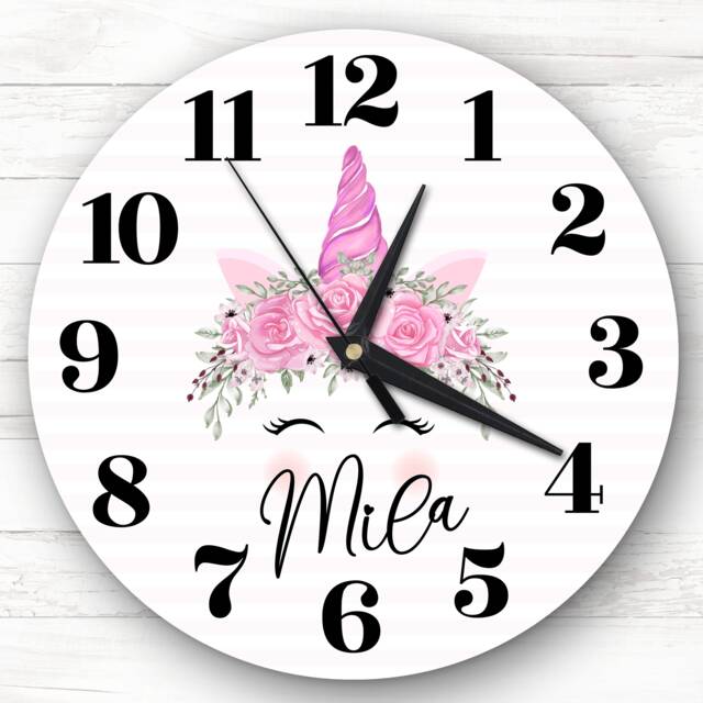 Girls Room Watercolour Floral Unicorn Custom Gift Personalised Clock - image 1