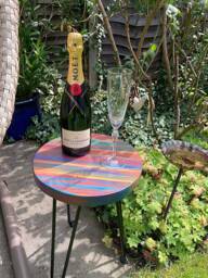 Round Outdoor Bistro Table 30 cm Tropical Sunset Colours + Marine Varnish 3 X 16