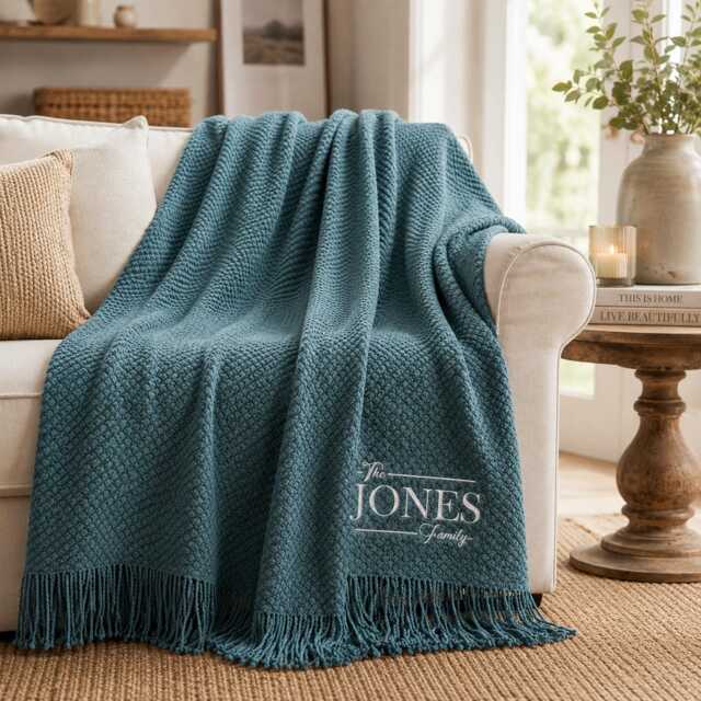 Custom Embroidered Family Name Blanket, Personalized Knitted Throw Wedding Gift For Newlywed Anniversary Mr & Mrs Cozy Home Decor - image 1