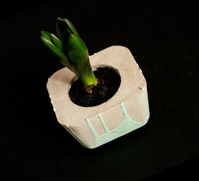 Cubic Grey Concrete Cast Planeter Decorated With Aqua Colour Paint Drippings - Plant No Incluced - image 1