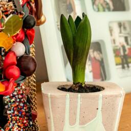 Cubic Grey Concrete Cast Planeter Decorated With Aqua Colour Paint Drippings - Plant No Incluced - thumbnail 3