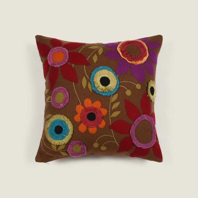Handcrafted Earthy Brown Autumn Winter Floral Wool Felt Embroidered & Applique Cushion Cover With Fringe - 18x18 - image 1
