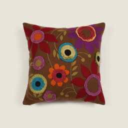 Handcrafted Earthy Brown Autumn Winter Floral Wool Felt Embroidered & Applique Cushion Cover With Fringe - 18x18 - thumbnail 1