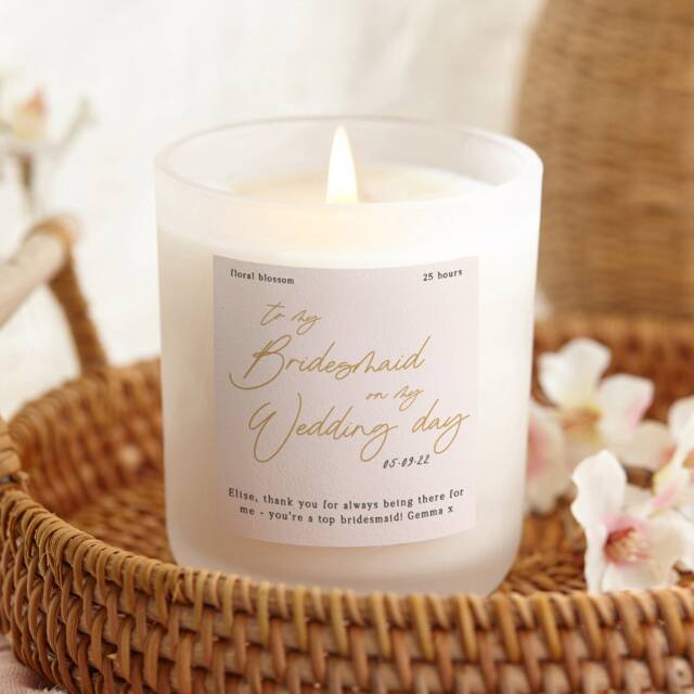 Personalised Bridesmaid Candle Blush Gold Script, Frosted Glass, Soy Wax - image 1