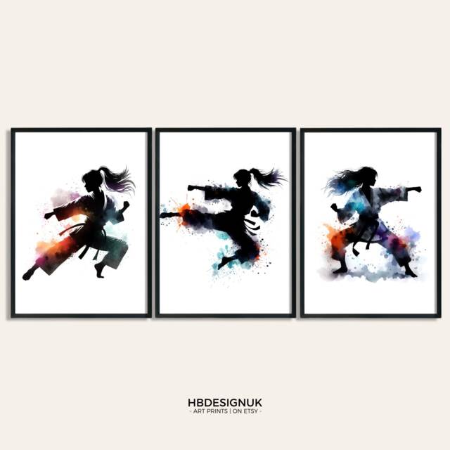 Girls Karate Bedroom Print - Set Of 3 Posters - Watercolour Art Prints Decor Poster Wall Pictures Kids Fight Sport Gifts - image 1