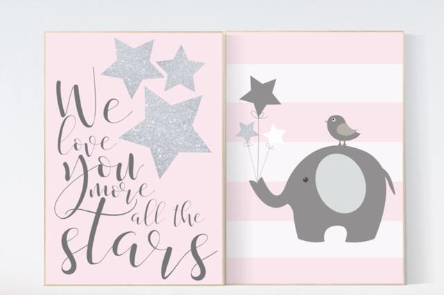 Elephant Nursery Art Print Pink Gray Decor, Silver Stars - image 1