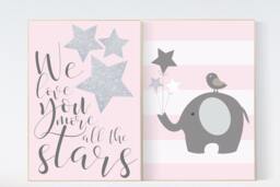 Elephant Nursery Art Print Pink Gray Decor, Silver Stars