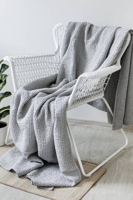 Linen Waffle Blanket Throw, Natural Cotton Plaid Bed Cover, Cozy Summer Blanket, Housewarming Gift, Light Grey, Size 83x91 - image 1