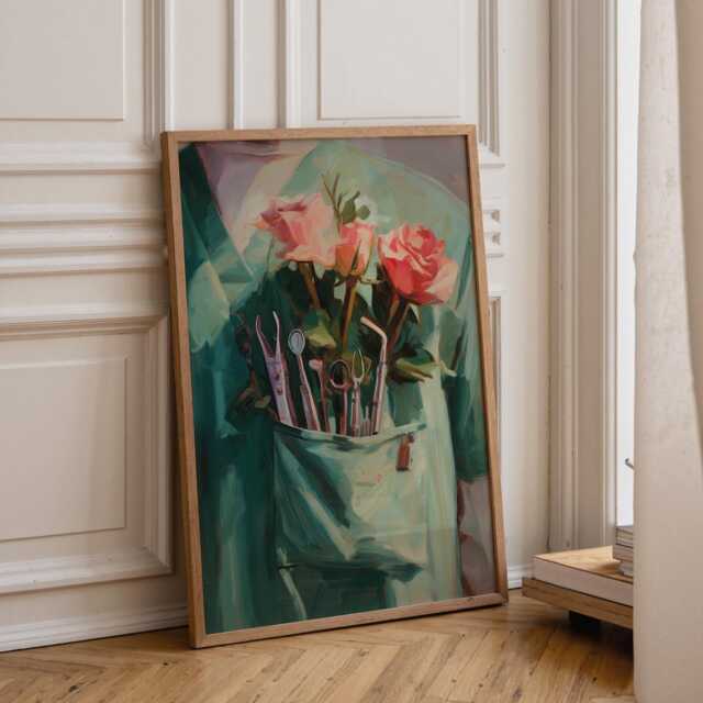 Dental Wall Art Print - Botanical Tools Illustration Modern Dentist Office D??cor Green Medical - image 1