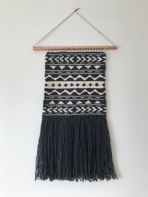 Medium Black Cream Pattern Woven Wall Hanging, Valentines Day Gift, Yarn Tapestry, Weaving, Statement Art, Nursery Art - image 1