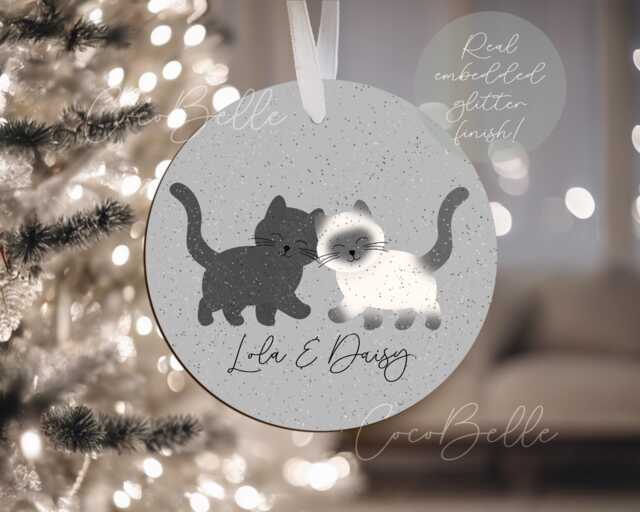 Personalised Cat Bauble, Any Colour Cartoon Digital Illustration Real Glitter Name Christmas Gift Shorthair Longhair Lover Owner Ragdoll - image 1