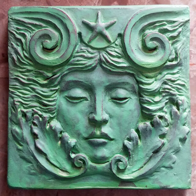 Sea Goddess Tile in Verdigris Finish, 4x4 Inch Square, Woman's Face With Swirls & Starfish, By Richard Chalifour - image 1